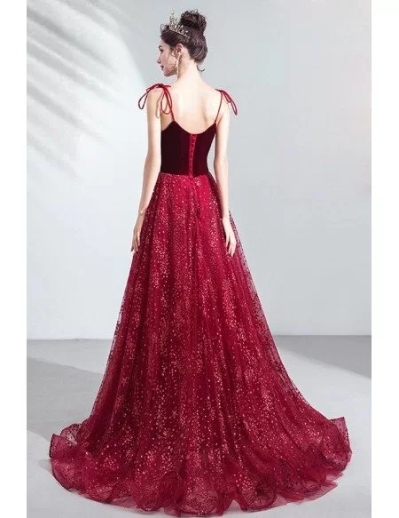 Bling Star Burgundy Long Prom Dress Red Sweetheart With Train Straps
