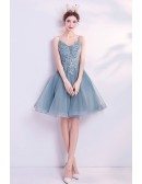 Dusty Grey-blue Short Tulle Prom Dress With Spaghetti Straps
