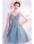 Dusty Grey-blue Short Tulle Prom Dress With Spaghetti Straps