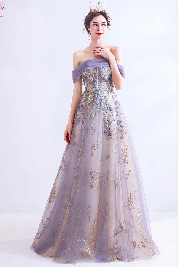 Sexy Off Shoulder Light Purple Long Prom Dress With Bling Materials ...