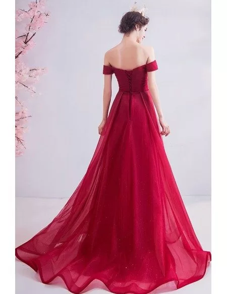 Red Split High Low Party Prom Dress Sexy With Off Shoulder