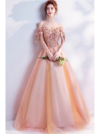 Coral Orange Ballgown Tulle Prom Dress Off Shoulder With Flowers Beaded