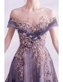 Bling Sequins Mist Blue Tulle Prom Dress With Illusion Neckline