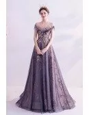 Bling Sequins Mist Blue Tulle Prom Dress With Illusion Neckline