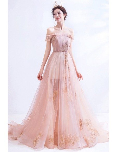 Gorgeous Pink Tulle Long Train Prom Dress With Embroidery
