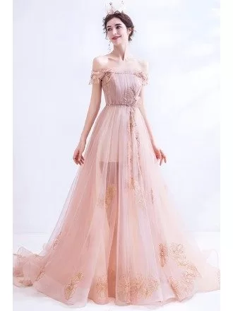 Gorgeous Pink Tulle Long Train Prom Dress With Embroidery