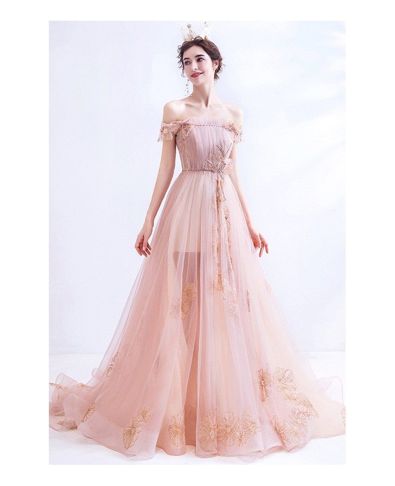 Gorgeous Pink Tulle Long Train Prom Dress With Embroidery Wholesale # ...