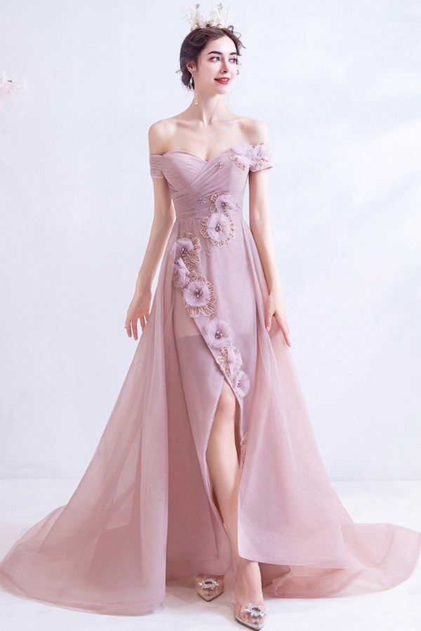 Nude Pink Off Shoulder High Low Party Dress With Beaded Flowers Wholesale  #T76007 - GemGrace.com