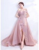 Nude Pink Off Shoulder High Low Party Dress With Beaded Flowers