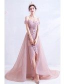 Nude Pink Off Shoulder High Low Party Dress With Beaded Flowers