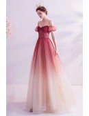 Sparkly Ombre Red Tulle Off Shoulder Prom Dress With Laceup