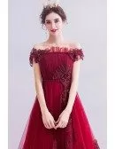 Off Shoulder Long Train Prom Dress With Embroidered Flowers