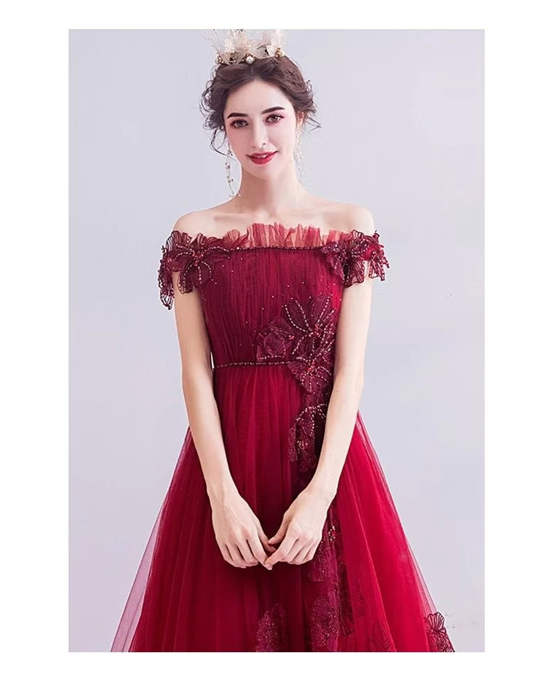 Off Shoulder Long Train Prom Dress With Embroidered Flowers Wholesale # ...