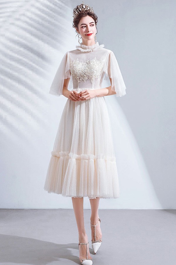 Retro Cream White Tea Length Party Dress With Puffy Sleeves Wholesale 