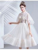 Retro Cream White Tea Length Party Dress With Puffy Sleeves