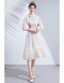 Retro Cream White Tea Length Party Dress With Puffy Sleeves
