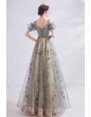 Dusty Green Blue Long Aline Fairy Prom Dress With Sparkly Flowers