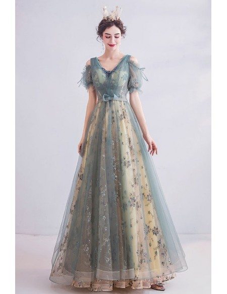 Dusty Green Blue Long Aline Fairy Prom Dress With Sparkly Flowers