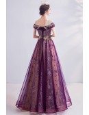 Purple With Gold Embroidery Aline Long Prom Dress With Illusion Neckline