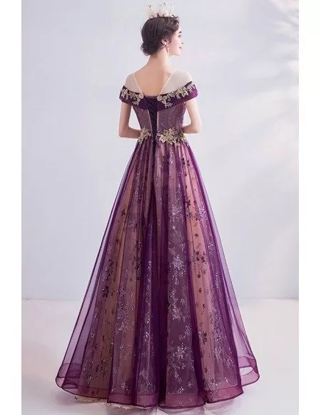 Purple With Gold Embroidery Aline Long Prom Dress With Illusion Neckline