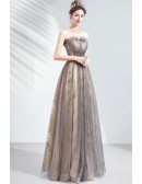 Grey Tulle Sparkly Stars Long Prom Dress Aline With Illusion Neckline