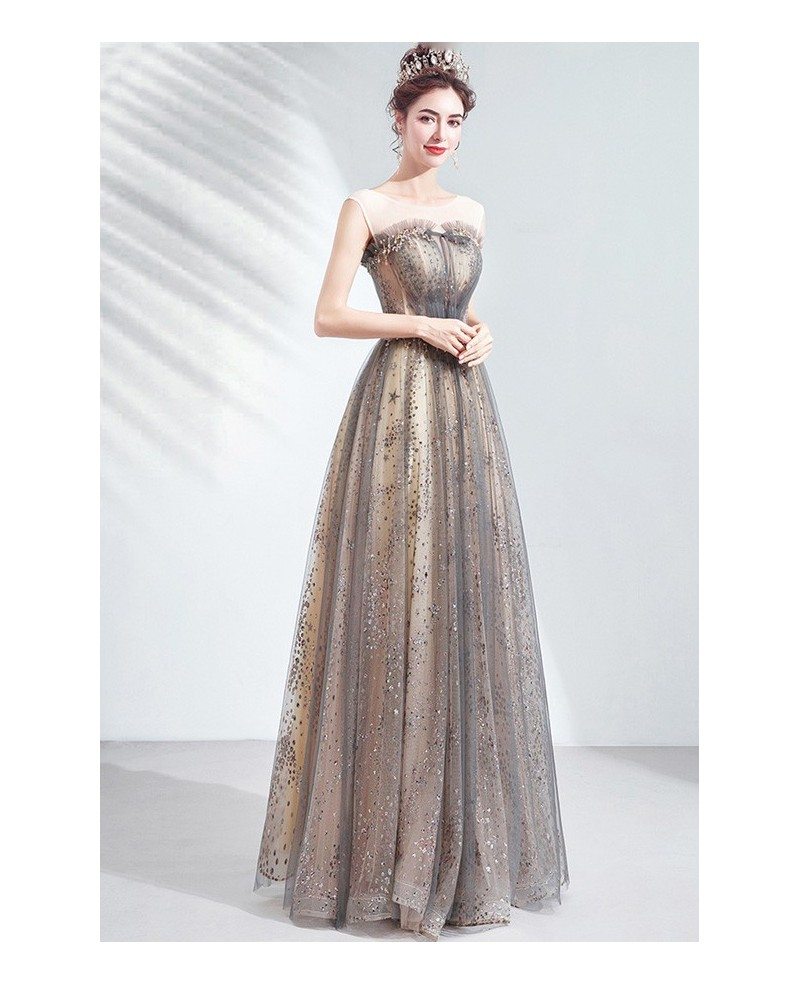 Grey Tulle Sparkly Stars Long Prom Dress Aline With Illusion Neckline ...