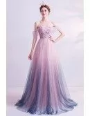 Fairy Ombre Pink Purple Prom Dress Off Shoulder With Sparkly Tulle