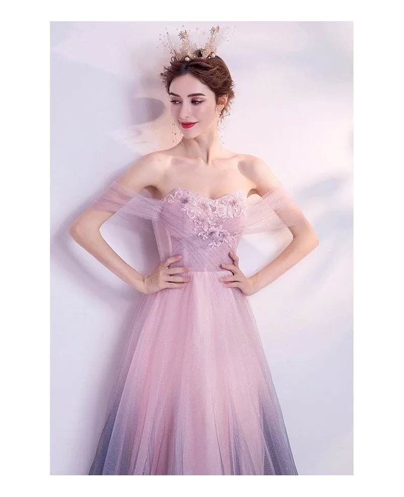 Fairy Ombre Pink Purple Prom Dress Off Shoulder With Sparkly Tulle ...