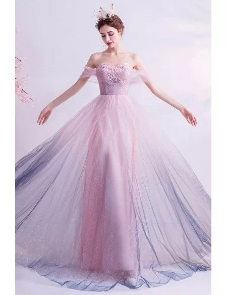 Fairy Ombre Pink Purple Prom Dress Off Shoulder With Sparkly Tulle