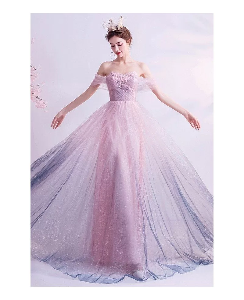 Fairy Ombre Pink Purple Prom Dress Off Shoulder With Sparkly Tulle ...