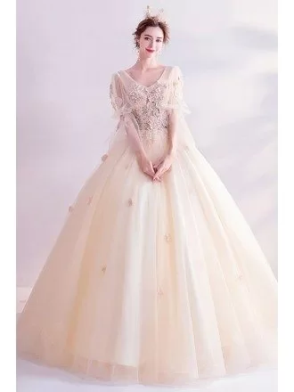 Romantic Light Champagne Ballgown Prom Dress With Tulle Sleeves Petals