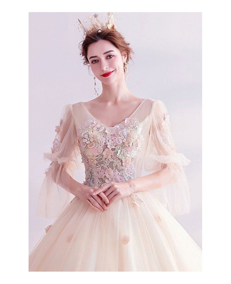 Romantic Light Champagne Ballgown Prom Dress With Tulle Sleeves Petals ...