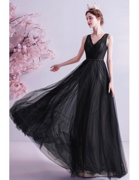 Long Black Vneck Formal Dress Aline For Parties