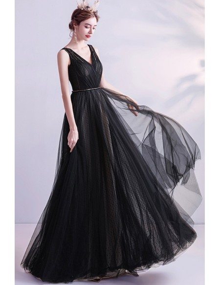 Long Black Vneck Formal Dress Aline For Parties