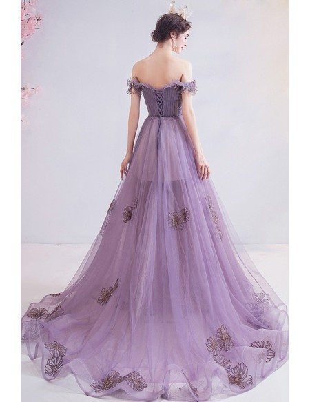 Beautiful Dusty Purple Long Train Prom Dress Off Shoulder With Flowers ...
