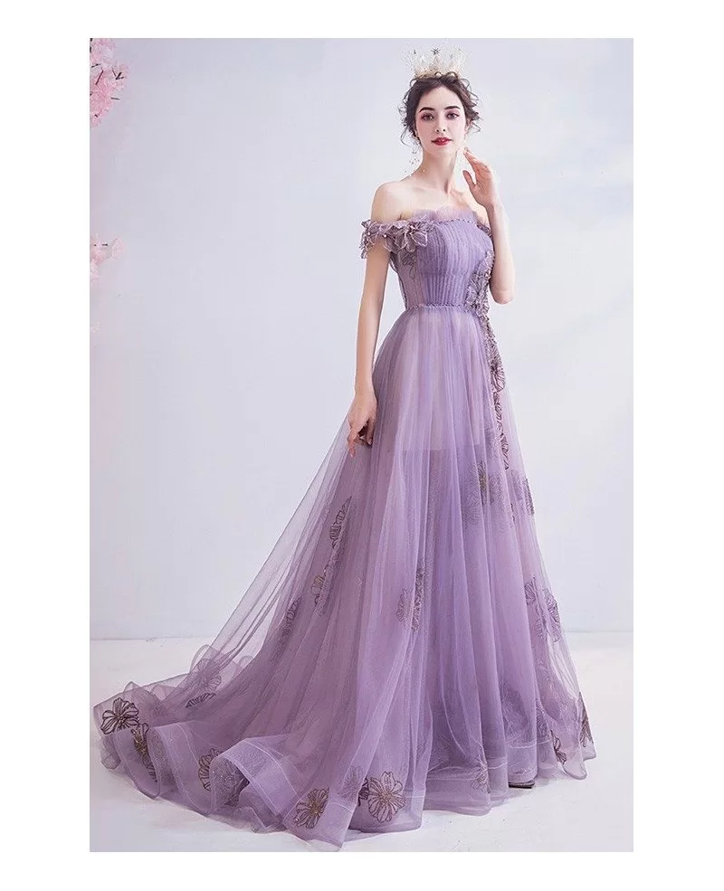 Beautiful Dusty Purple Long Train Prom Dress Off Shoulder With Flowers ...