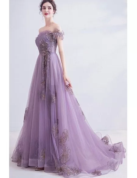 Beautiful Dusty Purple Long Train Prom Dress Off Shoulder With Flowers ...