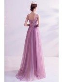 Purple Long Tulle Aline Prom Dress Party Vneck With Sequins