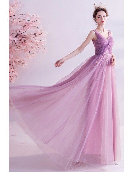 Purple Long Tulle Aline Prom Dress Party Vneck With Sequins