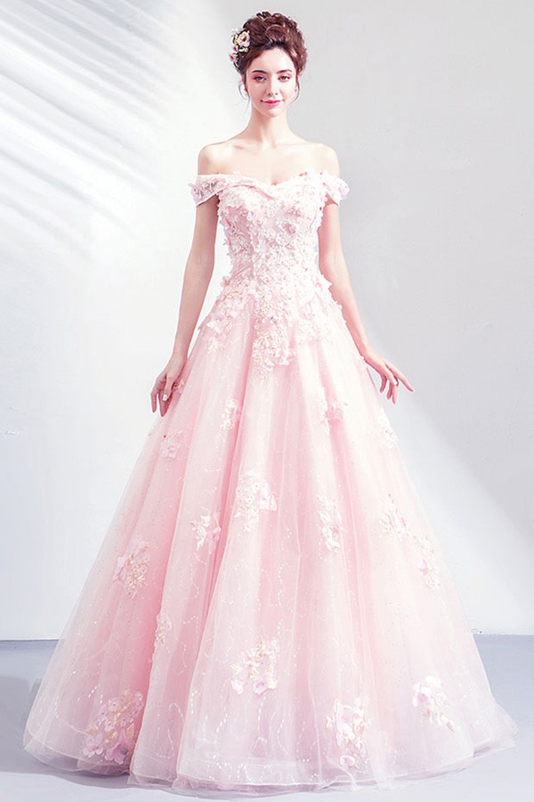 Gorgeous Princess Pink Ballgown Off Shouler Prom Dress With Petals ...