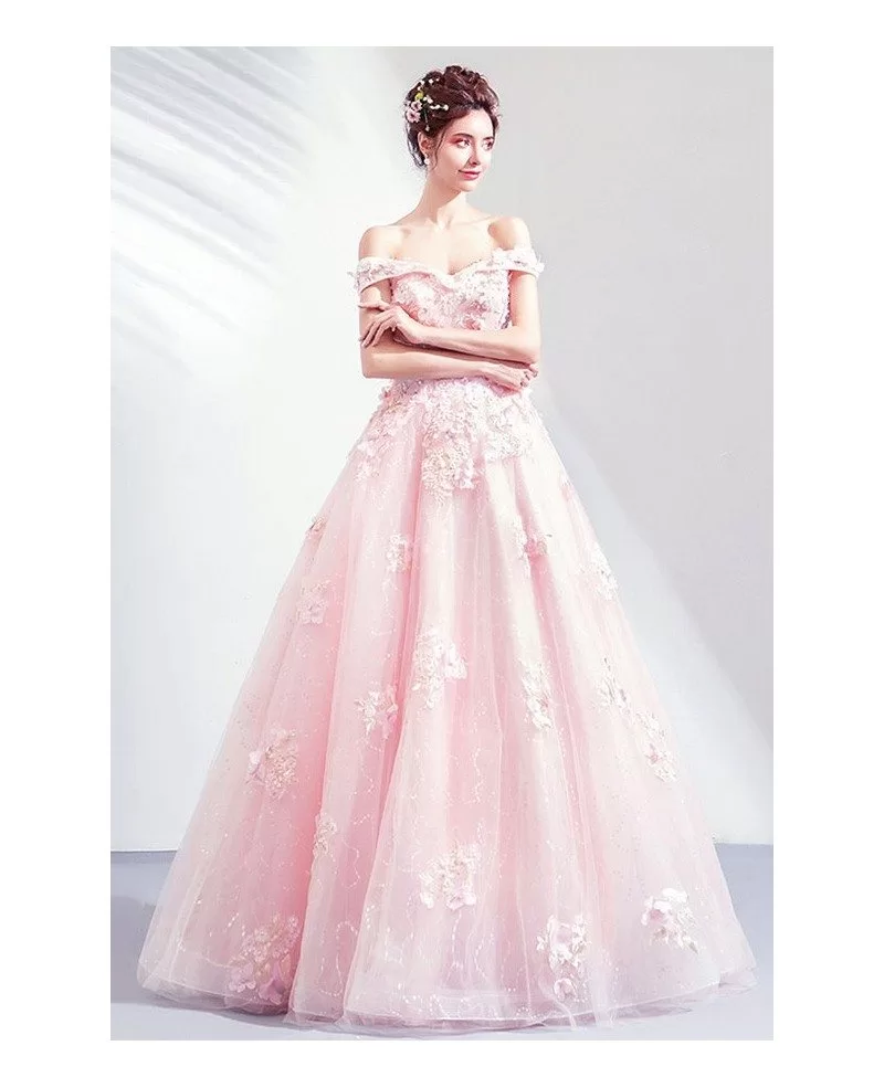 Gorgeous Princess Pink Ballgown Off Shouler Prom Dress With Petals ...