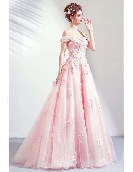 Gorgeous Princess Pink Ballgown Off Shouler Prom Dress With Petals