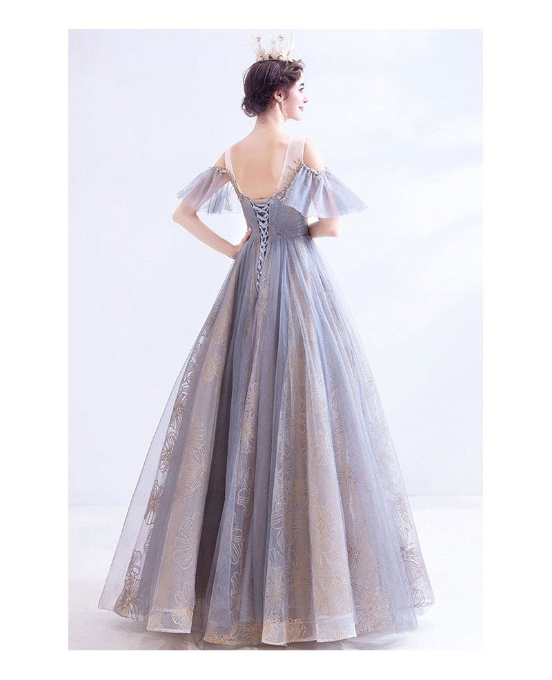 Grey Blue Illusion Neck Ballgown Prom Dress With Gold Embroidery ...