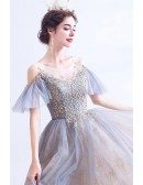 Grey Blue Illusion Neck Ballgown Prom Dress With Gold Embroidery