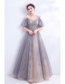 Grey Blue Illusion Neck Ballgown Prom Dress With Gold Embroidery