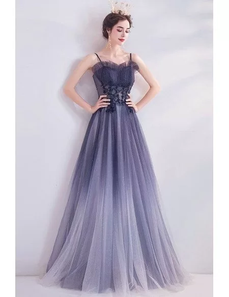 Ombre Purple Bling Tulle Aline Prom Dress With Spaghetti Straps