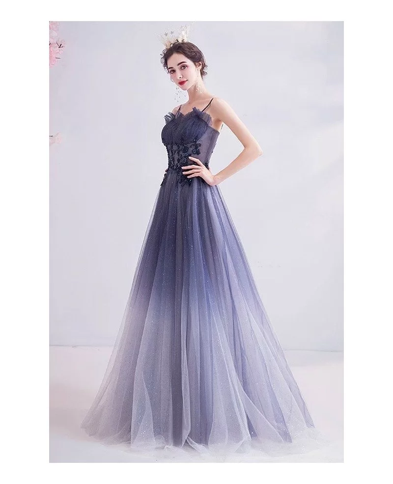 Ombre Purple Bling Tulle Aline Prom Dress With Spaghetti Straps ...