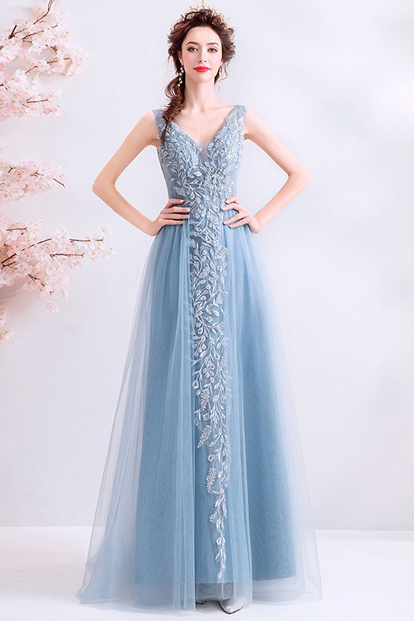 Blue Aline Tulle Vneck Prom Dress With Embroidery Sleeveless Wholesale ...