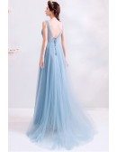 Blue Aline Tulle Vneck Prom Dress With Embroidery Sleeveless