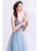 Blue Aline Tulle Vneck Prom Dress With Embroidery Sleeveless